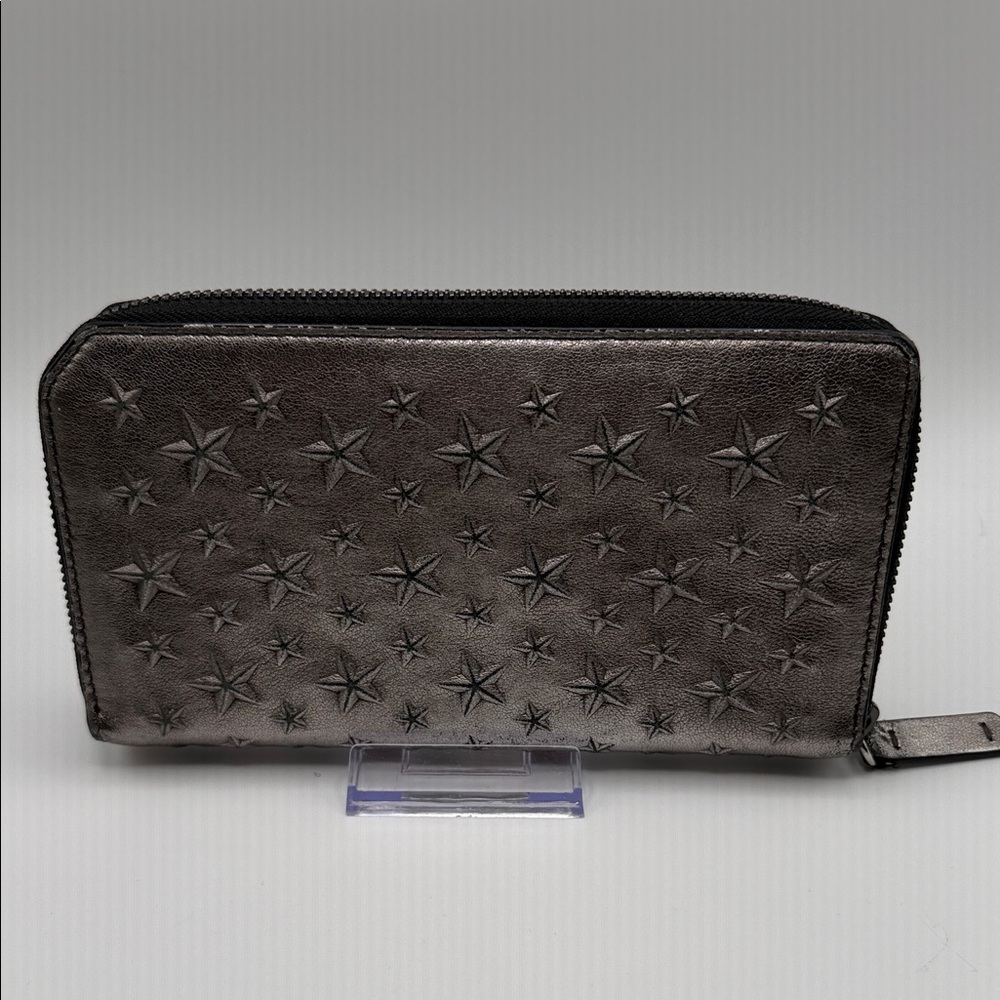 Jimmy Choo Metallic Gunmetal Star-Embossed Zip Wallet
